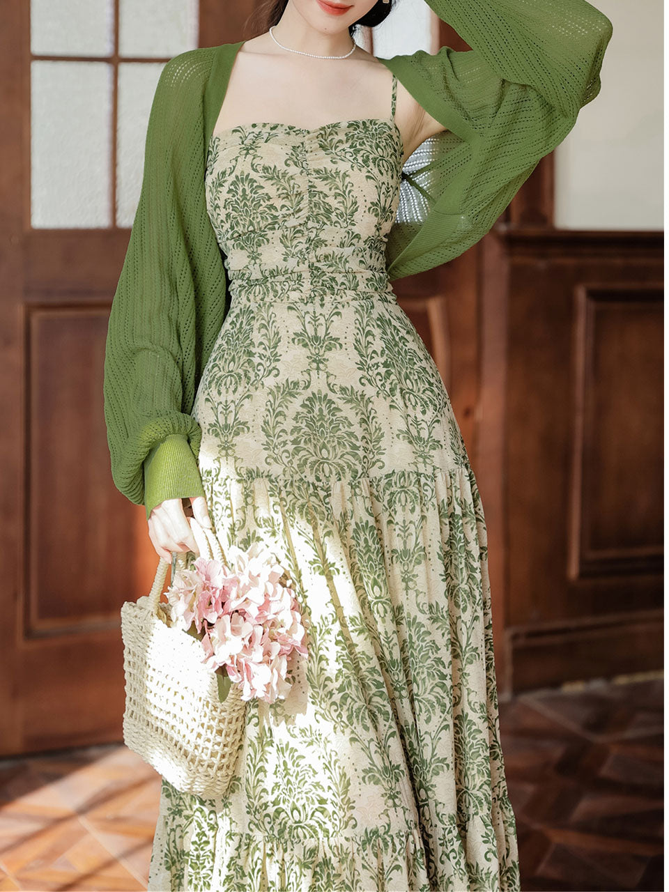 Green Bohemian Floral Print Chiffon Maxi Dress Prom Dress With Cardigan – Jolly Vintage