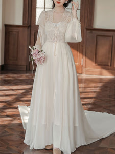 Apricot Lace Lantern Sleeves Romantic Wedding Dress with Tail Inspired By Sleeping Beauty