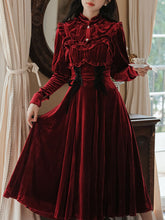 Load image into Gallery viewer, 2PS Wine Red Ruffles Velvet Shirt and Strap Dress Suit