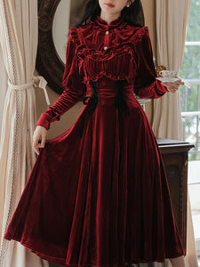 2PS Wine Red Ruffles Velvet Shirt and Strap Dress Suit