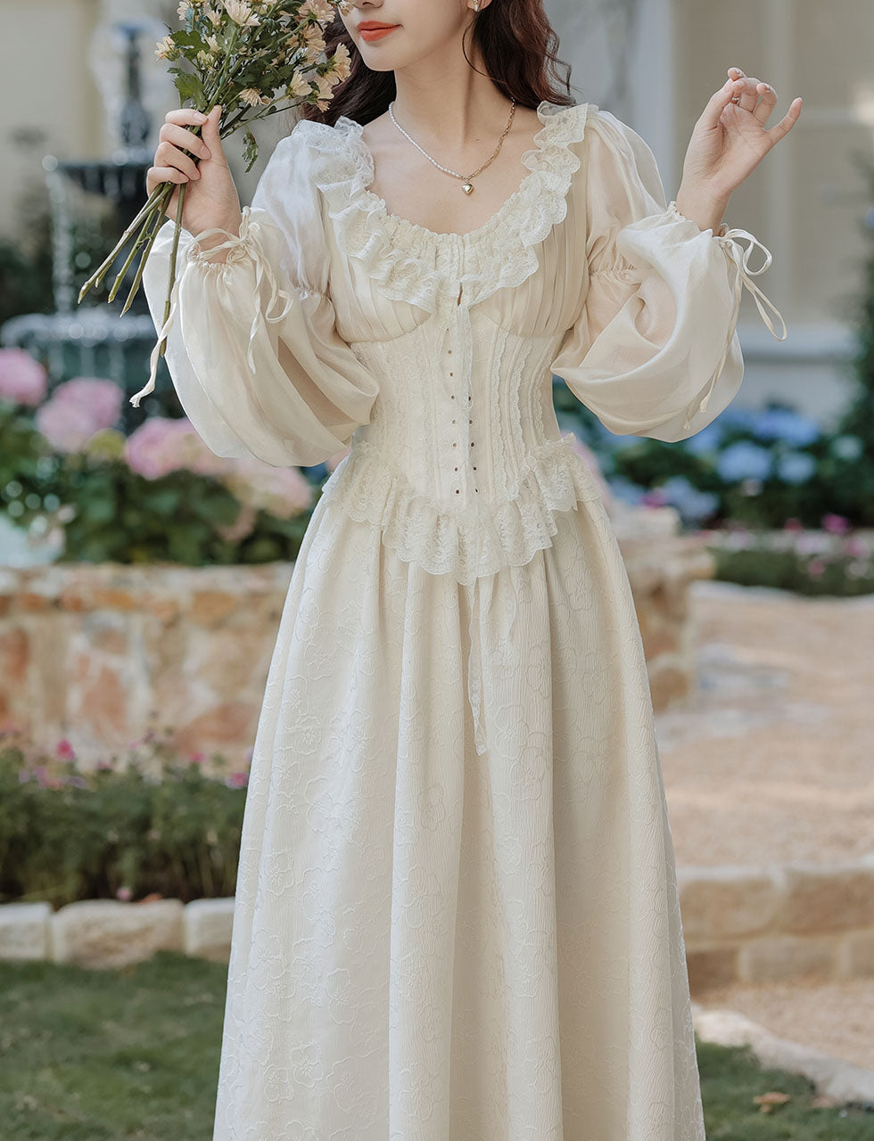 Sweet Victorian Ruffles Corset Long Sleeve Wedding Maxi Dress with Wedding Veil Apricot / L Sweet Victorian Ruffles Corset Long Sleeve Wedding Maxi Dress with Wedding Veil Apricot / L