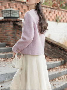 2PS Purple Round Long Sleeve Wool Coat With Swing Skirt Suit
