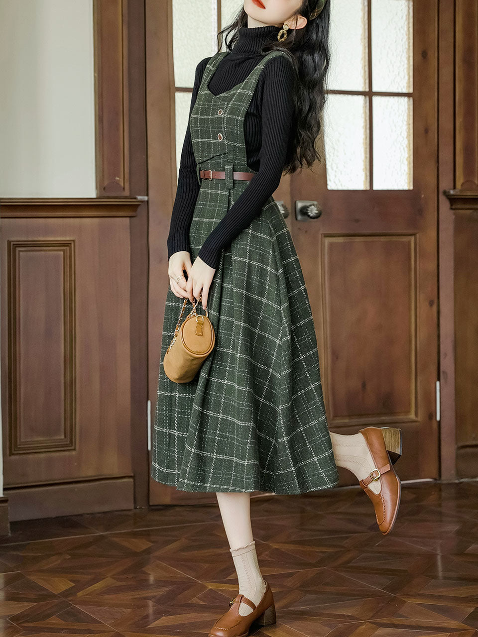 2PS Black Turtleneck Sweater With Vinatge Green Plaid Suspender Corduroy Dress, Green / XS 2PS Black Turtleneck Sweater With Vinatge Green Plaid Suspender Corduroy Dress, Green / XS