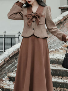 2PS Brown Bow Tweed Coat With Swing Skirt 1950S Vintage Audrey Hepburn's Style Outfits