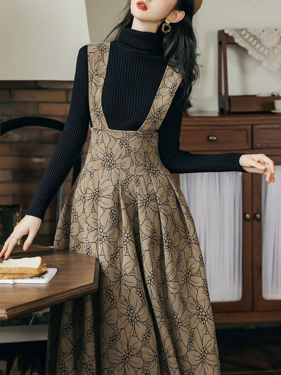 2PS Black Sweater With Brown Floral Suspender Corduroy Dress