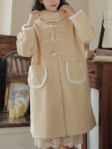 Yellow Hooded Horn Button Coat Women's Winter Coat