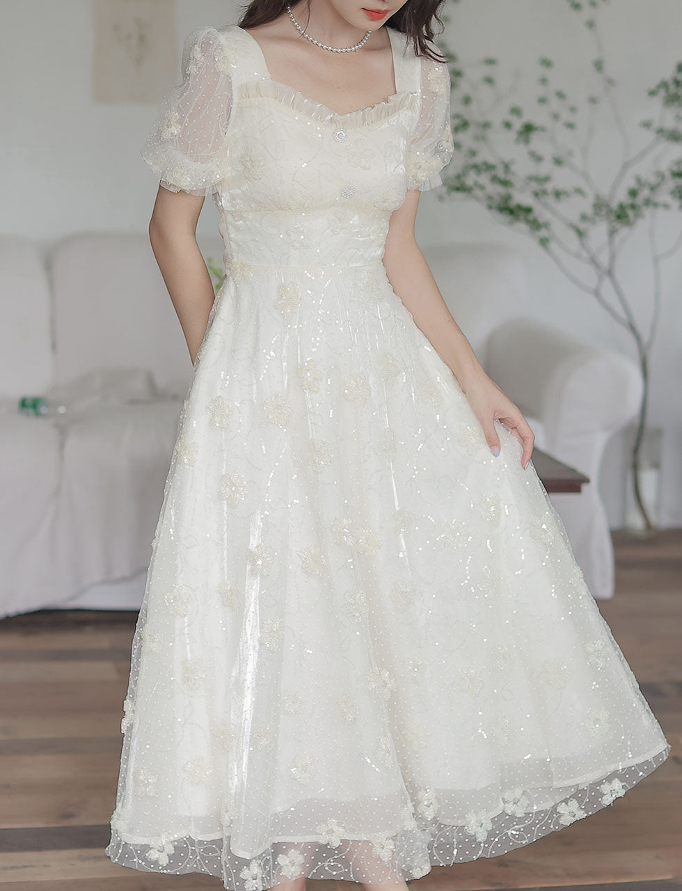 White Flower Sequined Puff Short Sleeve Princess Vintage Dress Jolly Vintage White Flower Sequined Puff Short Sleeve Princess Vintage Dress Jolly Vintage