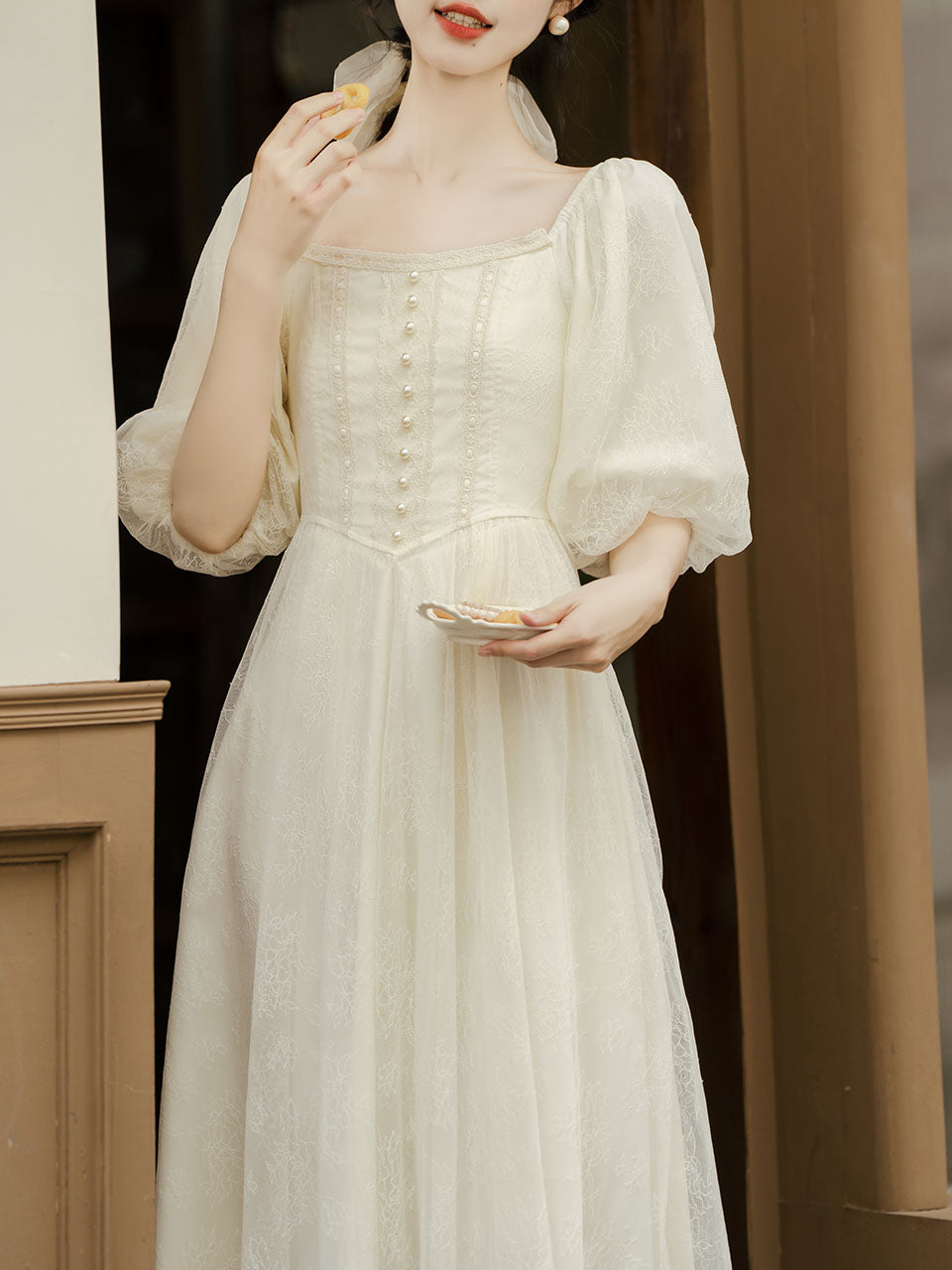 Apricot Lace Square Neck Beaded Retro Dress with Lantern Sleeves, Apricot / L Apricot Lace Square Neck Beaded Retro Dress with Lantern Sleeves, Apricot / L