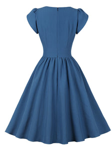 Blue Ruffles Crew Neck 1950S Vintage Swing Dress