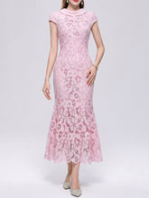 Load image into Gallery viewer, Cream Lace Mermaid Cowl Neck Midi Dress for Wedding