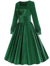 Load image into Gallery viewer, Christmas Green Square Collar Long Sleeve Velvet 1950S Vintage Swing Dress