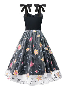 Black Floral Strap Lace 1950s Vintage Swing Dress