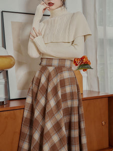 3PS Apricot Sweater Cape And Pleated Plaid Swing Skirt 1950S Vintage Outfits