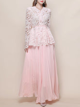 Load image into Gallery viewer, Baby Blue V Neck Long-Sleeve Lace Blouse with Flowy Chiffon Skirt Set