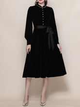 Load image into Gallery viewer, Black Mandarin Collar Velvet Retro Dress