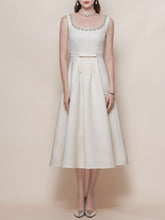 Load image into Gallery viewer, White Satin U Neck Sleeveless Classic 1950S Vintage Wedding Dress with Pearl Detailing