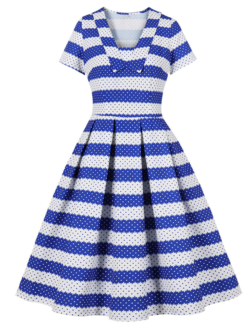 Blue Stripe Sailor Collar Short Sleeve 1950s Vintage Dress