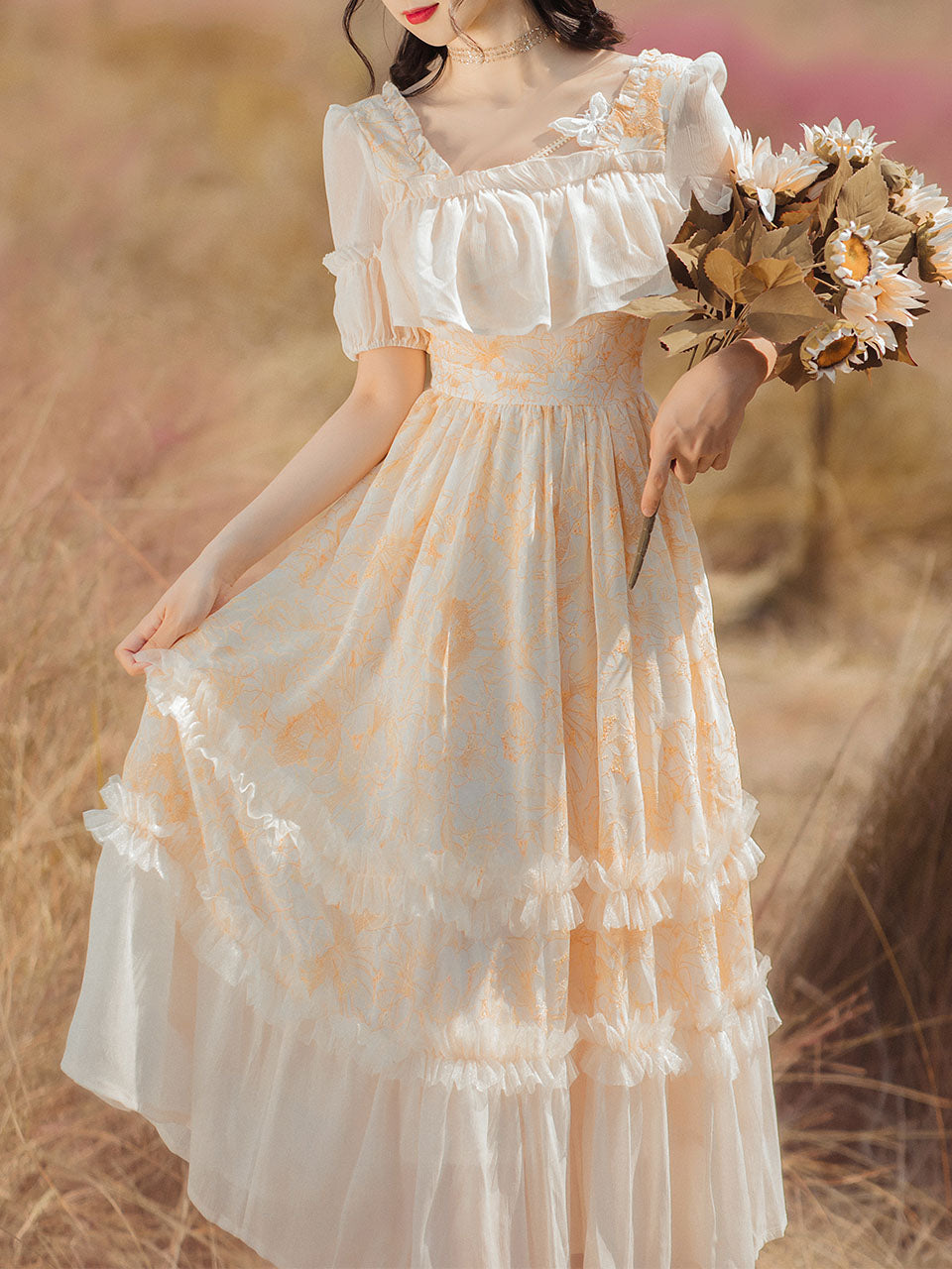 Yellow Square Neck Ruffle Short Sleeve Vintage Fairy Dress
