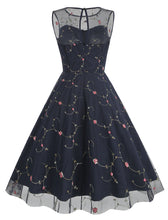 Load image into Gallery viewer, Lake Blue Semi Mesh Flower Embroidered Sleeveless 50S Swing Dress