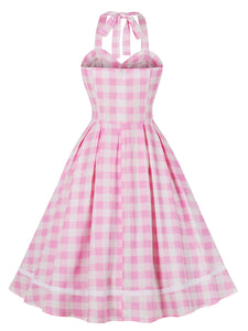Pink And White Plaid Halter Sweet Heart Barbie Retro Dress