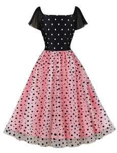 1950s Pink And Black Polka Dots With Butterfly Sleeve Vintage Dress