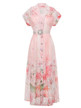 Load image into Gallery viewer, Women's Short Dolman Sleeve Purple Floral Print Midi Dress with Lapel Collar