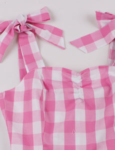 Pink And White Plaid Straps Bow Barbie Retro Swing Dress