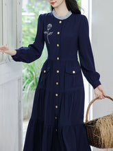 Load image into Gallery viewer, Navy Rose Artificial Embroidered Lace Collar Dress