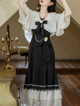 Load image into Gallery viewer, 2PS Black Ballet Spaghetti Strap 1950S Vintage Little Black Dress With White Long Sleeve Ruffles Coat