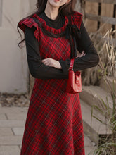 Load image into Gallery viewer, Red Plaid Christmas Dress with Black Long Sleeves and Collar