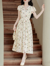 Load image into Gallery viewer, Apricot V Neck Floral Ruffles Cottagecore Puff Sleeve Vintage Dress