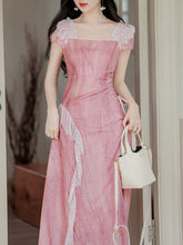 Load image into Gallery viewer, Pink Square Collar Lace Puff Sleeve Vintage Dress