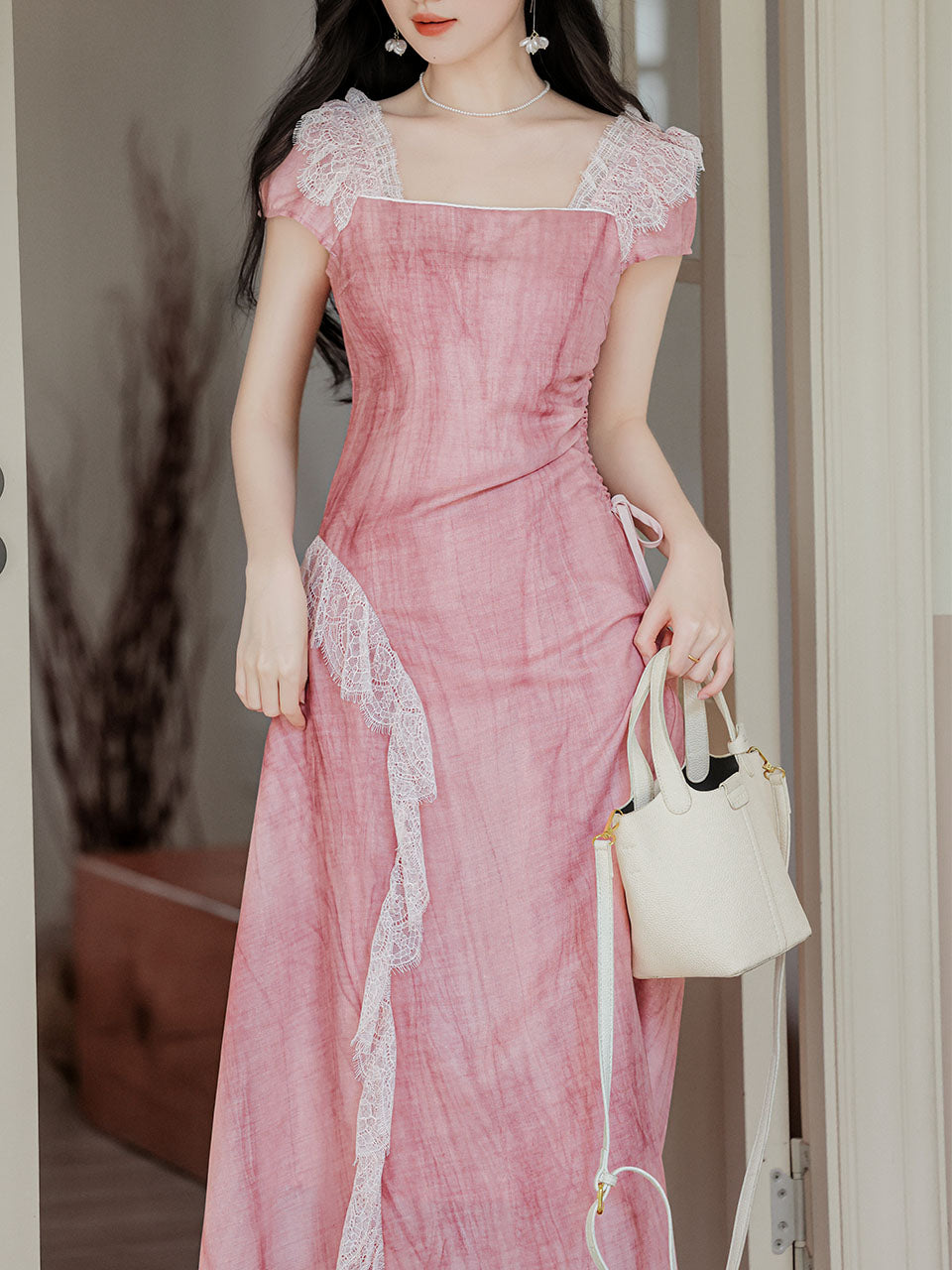 Pink Square Collar Lace Puff Sleeve Vintage Dress