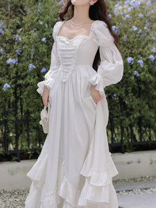 White Square Collar Long Lantern Sleeves Edwardian Ruffle Dress
