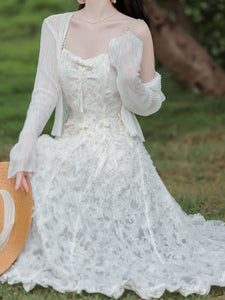 White Feather Spaghetti Strap Fairy Princess Dress and Translucent Cardigan