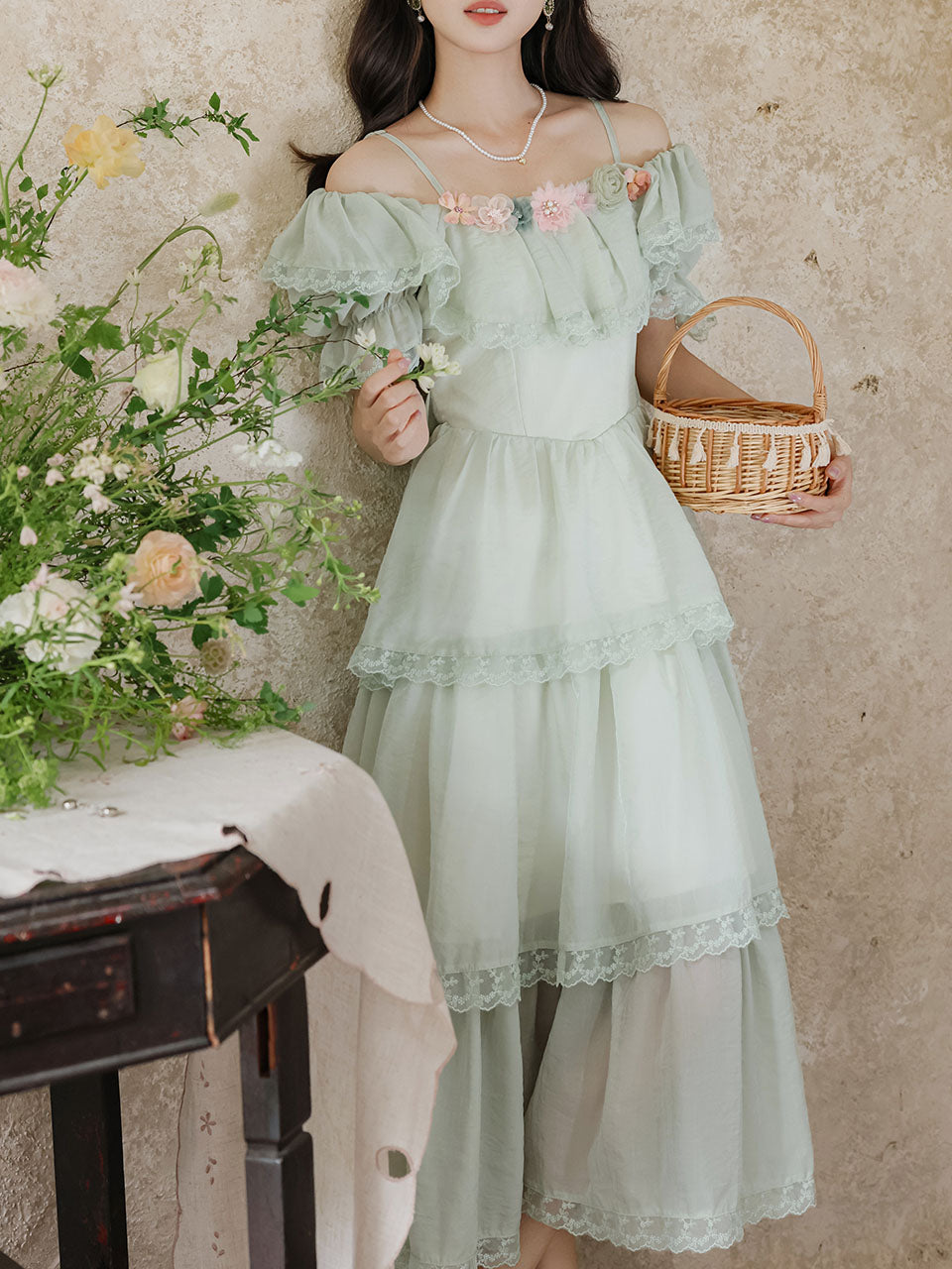 Light Green Off Shoulder Chiffon Tiered Maxi Dress Jolly Vintage Light Green Off Shoulder Chiffon Tiered Maxi Dress Jolly Vintage