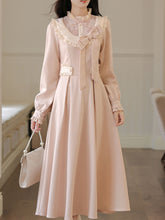Load image into Gallery viewer, Vintage Pink Bow Long Sleeve Swing Dress