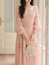 Load image into Gallery viewer, Pink Lace Long Sleeve Victorian Square Neck Vintage Dress