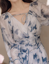 Load image into Gallery viewer, Blue Butterfly Print Long Sleeve Vintage Maxi Dress