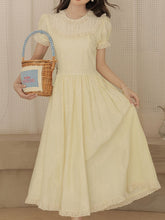 Load image into Gallery viewer, Retro Yellow Puff-Sleeve Dress with Lace Edging