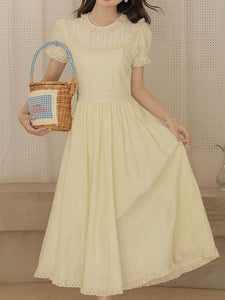 Retro Yellow Puff-Sleeve Dress with Lace Edging