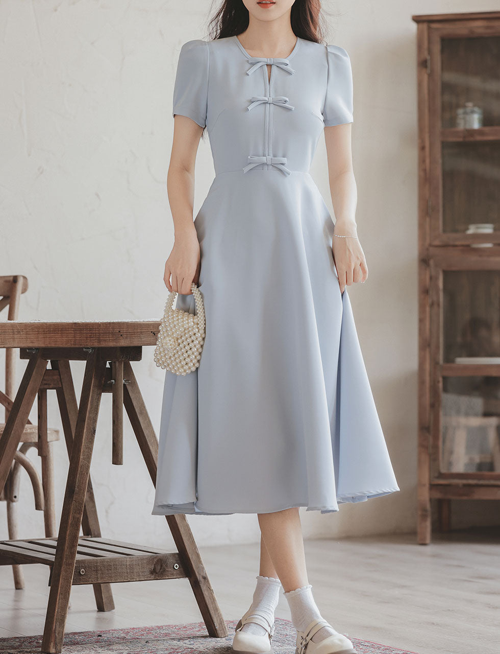 Light Blue Bow Collar 1950S Vintage Dress with Pockets, Blue / M Light Blue Bow Collar 1950S Vintage Dress with Pockets, Blue / M