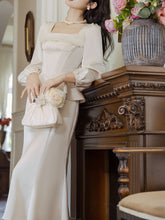 Load image into Gallery viewer, White Long Sleeve Wasp Waist Fake Two-piece Silk 1950S Vintage Wedding Dress