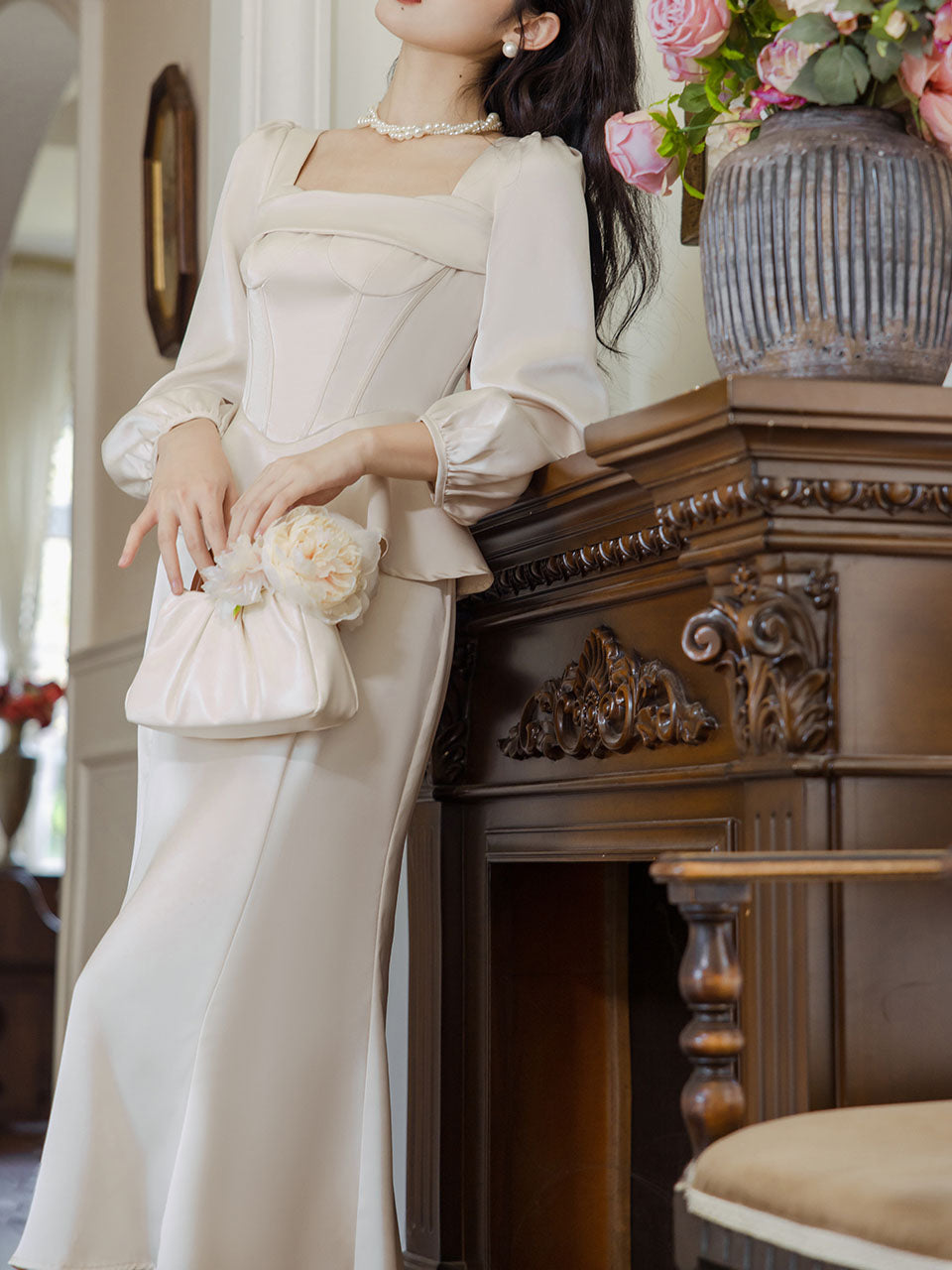 1950s vintage wedding dress White Long Sleeve Wasp Waist Fake Two-piece Silk 1950S Vintage Wedding – Jolly Vintage