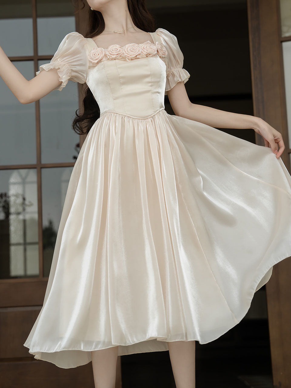 1950S White Rose High Waist Puff Sleeve Vintage Dress, White / S 1950S White Rose High Waist Puff Sleeve Vintage Dress, White / S
