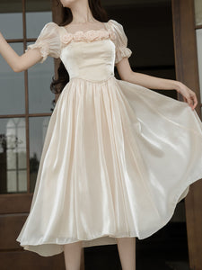 1950S White Rose High Waist Puff Sleeve Vintage Dress