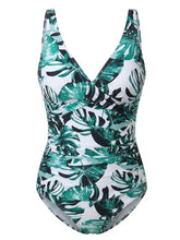 Load image into Gallery viewer, Tropical Leaf Print One Piece Swimsuit with V-Neck