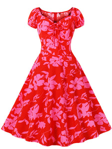 Red Floral Print Sweet Heart Collar Cap Sleeve 1950S Vintage Swing Dress