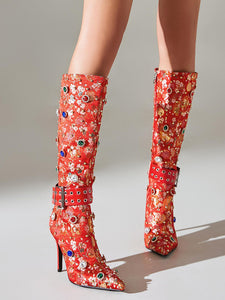 10CM Red Luxury Embroidered Stiletto Heel Boots Vintage Shoes
