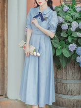 Load image into Gallery viewer, Blue Peter Pan Collar Puff Sleeve Fall 1950S Flower Vintage Dress